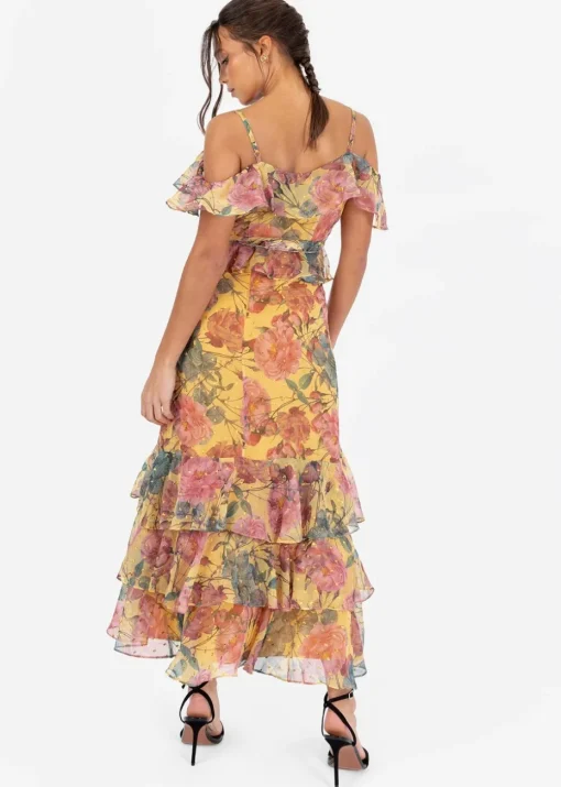 Anaya With Love Yellow Floral Print Ruffled Midi Skirt