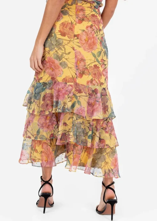 Anaya With Love Yellow Floral Print Ruffled Midi Skirt