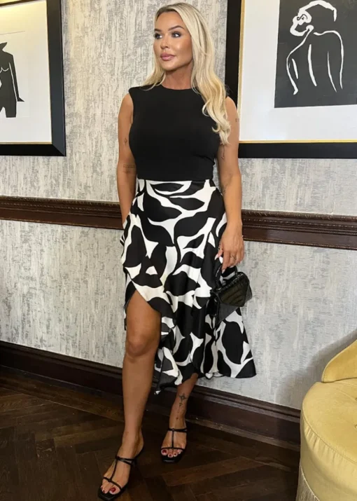 AX Paris Black & White Leaf Print 2 In 1 Double Frill Split Midi Dress
