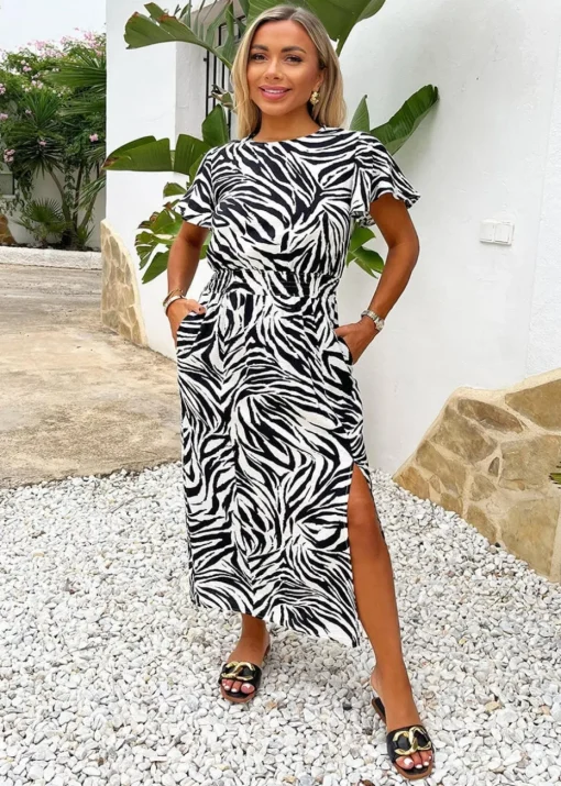 AX Paris Black & White Zebra Print Flutter Sleeve Midi Dress