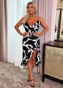 AX Paris Black & White Leaf Print Strappy Wrap Top High Low Frill Hem Midi Dress