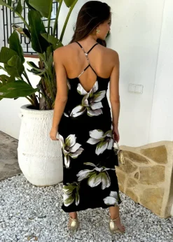 AX Paris Black And White Floral Print Strappy Twist Back Slip Midi Dress