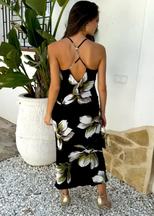 AX Paris Black And White Floral Print Strappy Twist Back Slip Midi Dress