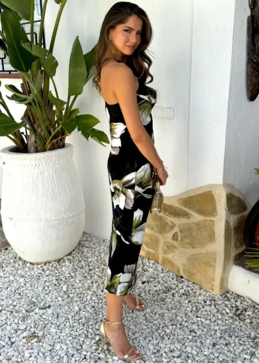 AX Paris Black And White Floral Print Strappy Twist Back Slip Midi Dress