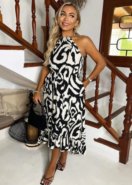 AX Paris Black And White Abstract Print Racer Neck Frill Hem Midi Dress