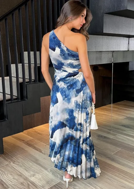 AX Paris Blue Marble Print One Shoulder Cut Out Pleated Midi Dress