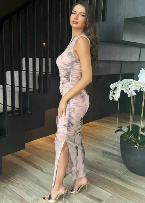 AX Paris Blush Marble Print Mesh Overlay Bodycon Midi Dress