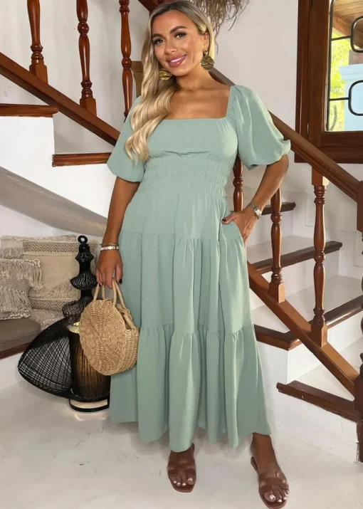 AX Paris Duck Egg Puff Sleeve Shirred Waist Smock Midi Dress