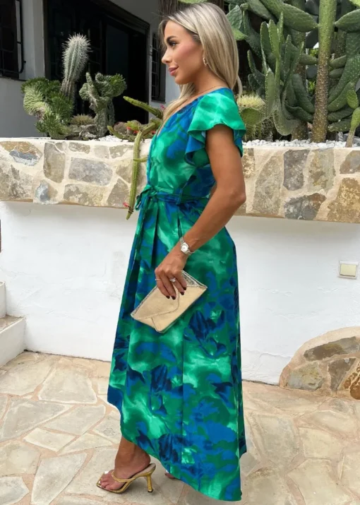 AX Paris Green Abstract Print Short Sleeve Belted Wrap Midi Dress
