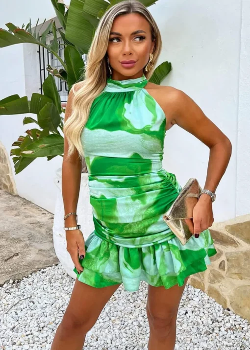 AX Paris Green Tie Dye Print Halter Neck Ruched Mini Dress