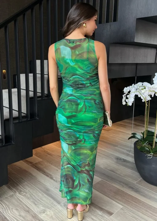 AX Paris Green Watercolour Print Mesh Overlay Bodycon Midi Dress