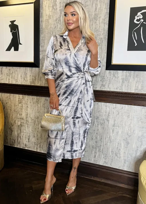 AX Paris Grey Printed 3/4 Sleeve Side Tie Waist Wrap Shirt Midi Dress