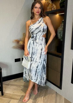 AX Paris Grey Printed Strap Detail Asymmetric Cut Out Midi Dress