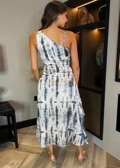AX Paris Grey Printed Strap Detail Asymmetric Cut Out Midi Dress