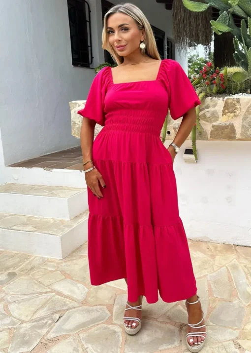 AX Paris Magenta Puff Sleeve Shirred Waist Smock Midi Dress