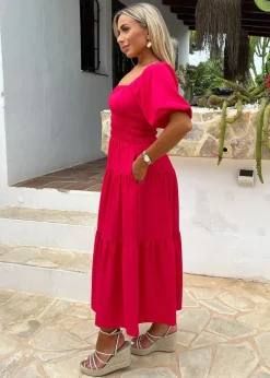 AX Paris Magenta Puff Sleeve Shirred Waist Smock Midi Dress