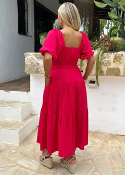 AX Paris Magenta Puff Sleeve Shirred Waist Smock Midi Dress