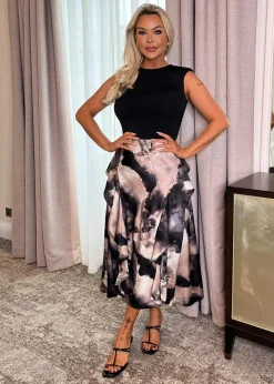 AX Paris Multi Marble Print 2 In 1 Double Frill Split Midi Dress