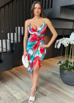 AX Paris Multi Tie Dye Printed Strappy Wrap Top Gathered Skirt Midi Dress
