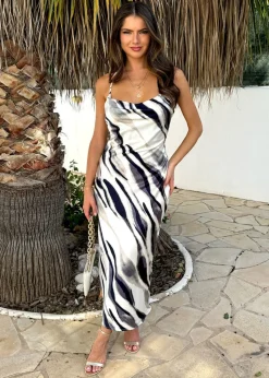 AX Paris Navy Stripe Print Strappy Twist Back Slip Midi Dress