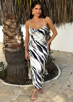 AX Paris Navy Stripe Print Strappy Twist Back Slip Midi Dress