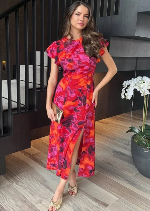 AX Paris Orange Abstract Print Flutter Sleeve Midi Dress