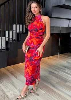 AX Paris Orange Abstract Print Halter Neck Draped Waist Midi Dress