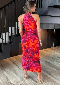 AX Paris Orange Abstract Print Halter Neck Draped Waist Midi Dress