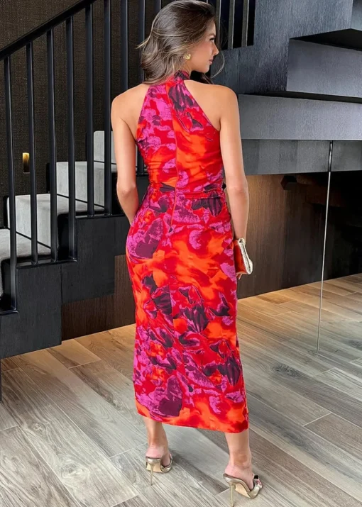 AX Paris Orange Abstract Print Halter Neck Draped Waist Midi Dress
