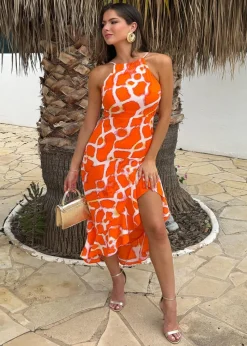 AX Paris Orange Giraffe Print Racer Neck High Low Frill Hem Midi Dress