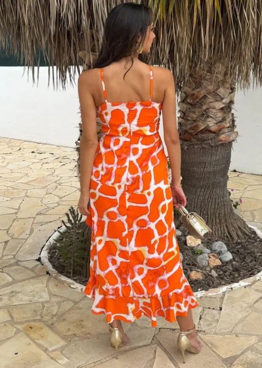 AX Paris Orange Giraffe Print Racer Neck High Low Frill Hem Midi Dress