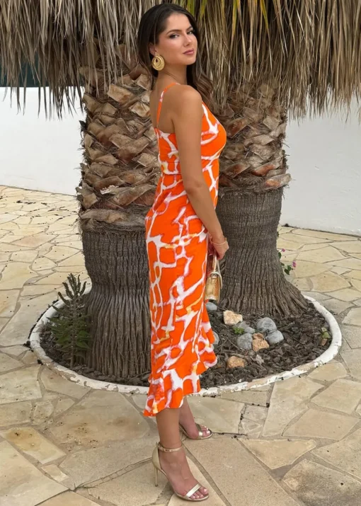 AX Paris Orange Giraffe Print Racer Neck High Low Frill Hem Midi Dress