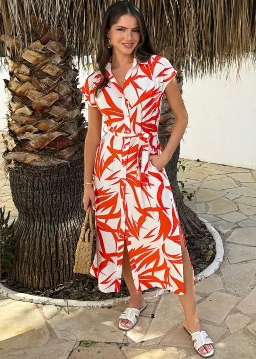 AX Paris Orange Tropical Print Tie Waist Shirt Midi Dress