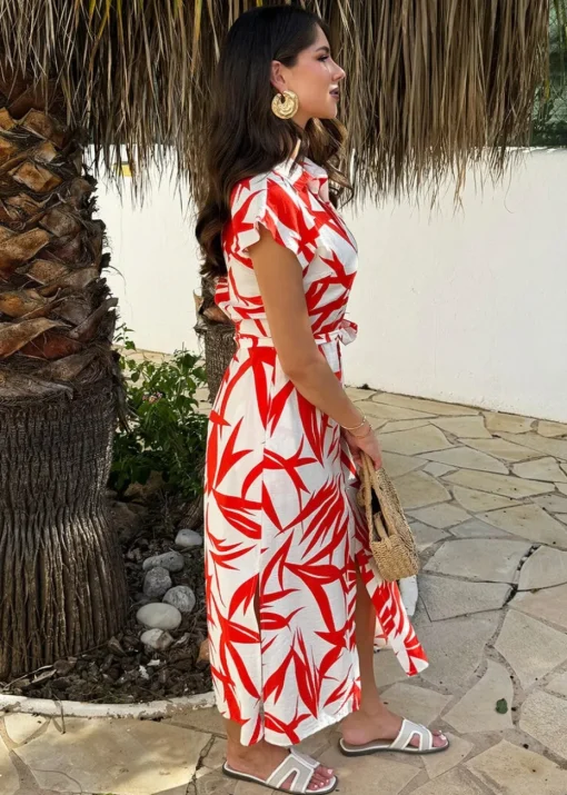 AX Paris Orange Tropical Print Tie Waist Shirt Midi Dress