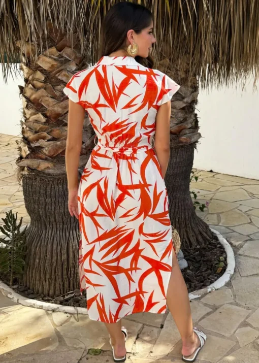AX Paris Orange Tropical Print Tie Waist Shirt Midi Dress
