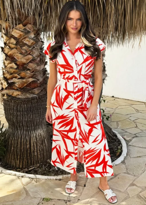 AX Paris Orange Tropical Print Tie Waist Shirt Midi Dress