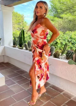 AX Paris Peach Smudge Print Strappy Wrap Top Knot Skirt Midi Dress