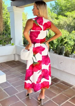 AX Paris Pink Floral Print Wrap Top Gathered Midi Dress