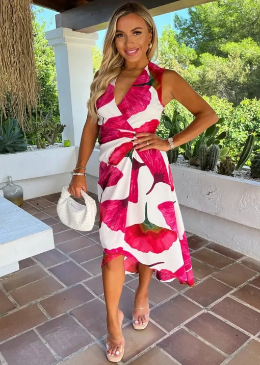 AX Paris Pink Floral Print Wrap Top Gathered Midi Dress