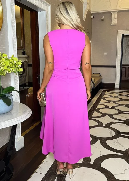 AX Paris Pink Gathered Midi Dress With Shoulder Pads