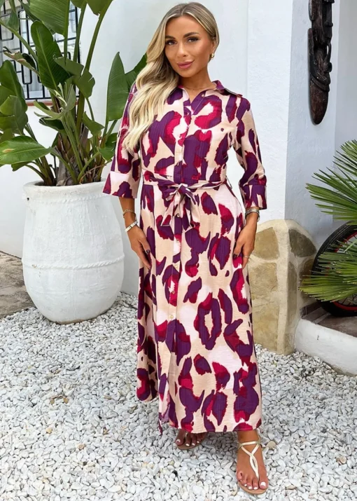 AX Paris Purple Animal Print 3/4 Sleeve Shirt Midi Dress