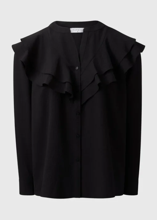Black Double Ruffle Neck Blouse