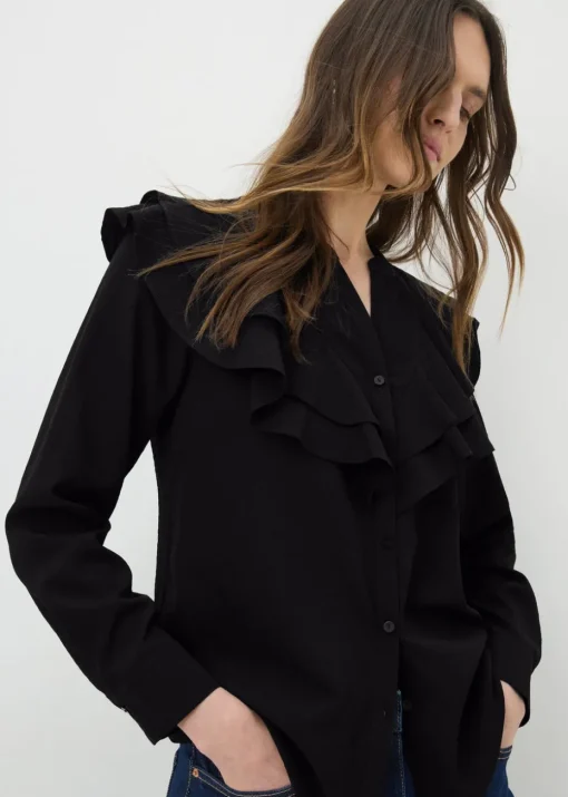 Black Double Ruffle Neck Blouse