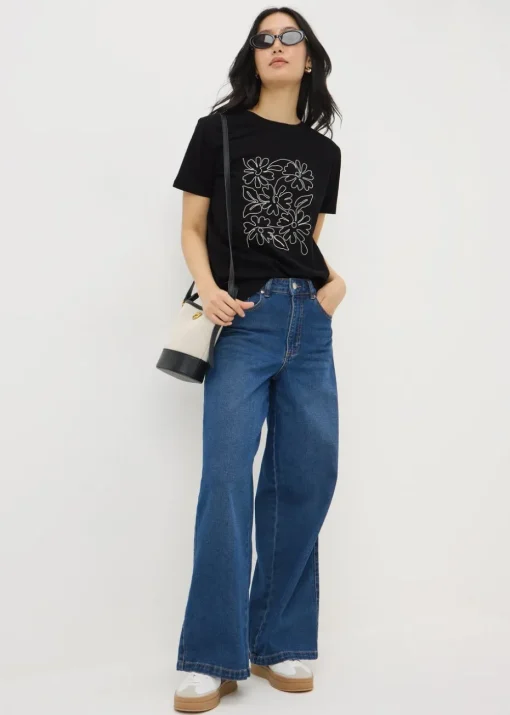Black Floral Embroidered T-Shirt