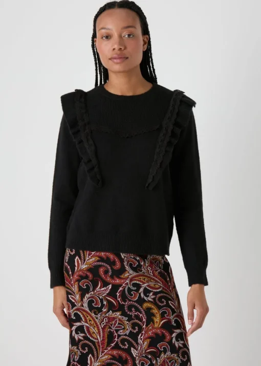 Black Pointelle Frill Knitted Jumper