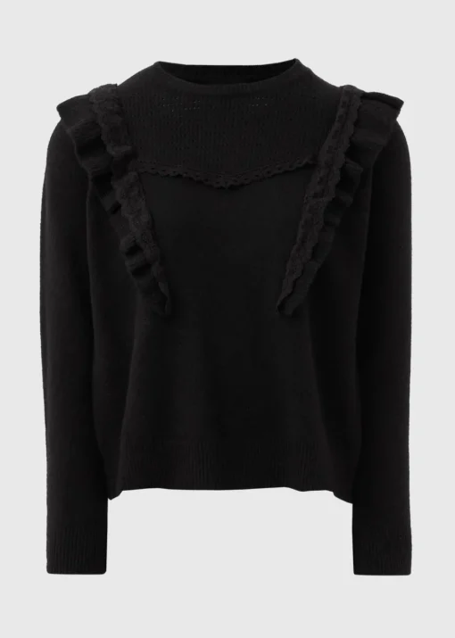 Black Pointelle Frill Knitted Jumper