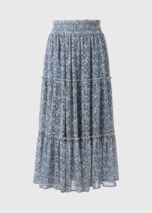 Blue Floral Tiered Maxi Skirt