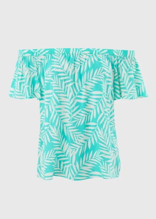 Blue Leaf Print Bardot Top