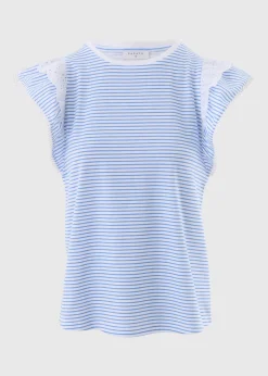 Blue Stripe Broderie Frill Sleeve T-Shirt
