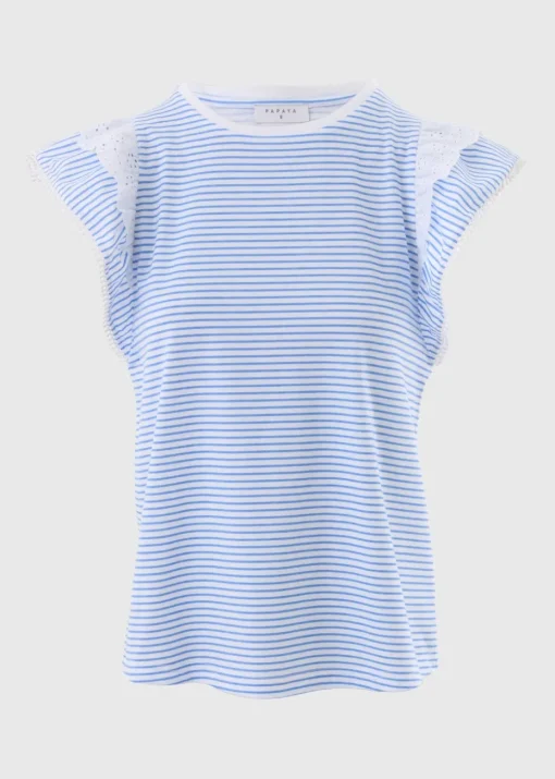 Blue Stripe Broderie Frill Sleeve T-Shirt